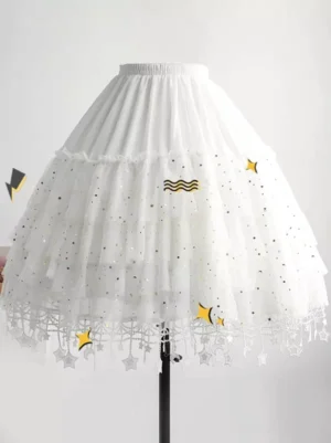 White lolita underskirt direct front view showing glitter tulle and star moon motifs with elastic waistband
