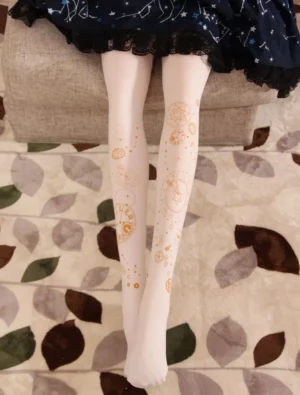 Mirror view of white lolita printed tights displaying symmetrical gold hot stamping patterns, luxurious velvet fabric sheen, perfect for lolita fashion coordinates