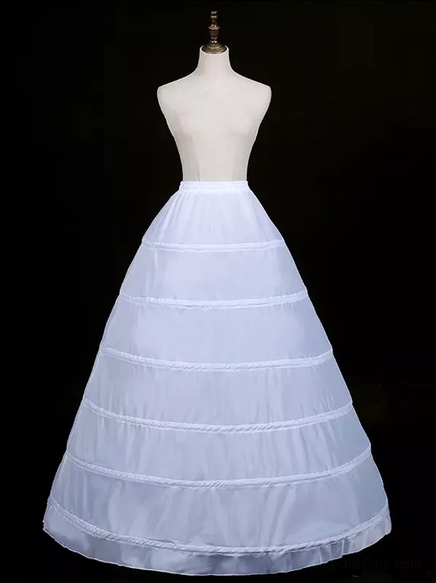 White lolita wedding underskirt petticoat with six steel bone hoops full front view on light mannequin showing smooth tulle fabric and classic a-line shape