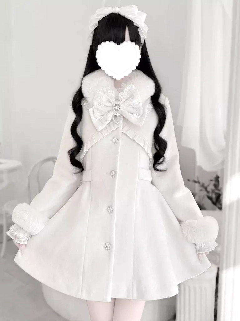 White Lolita winter coat front medium shot with model wearing white hair bow, fluffy fur cuffs with lace trim, fitted waist, and heart-shaped buttons