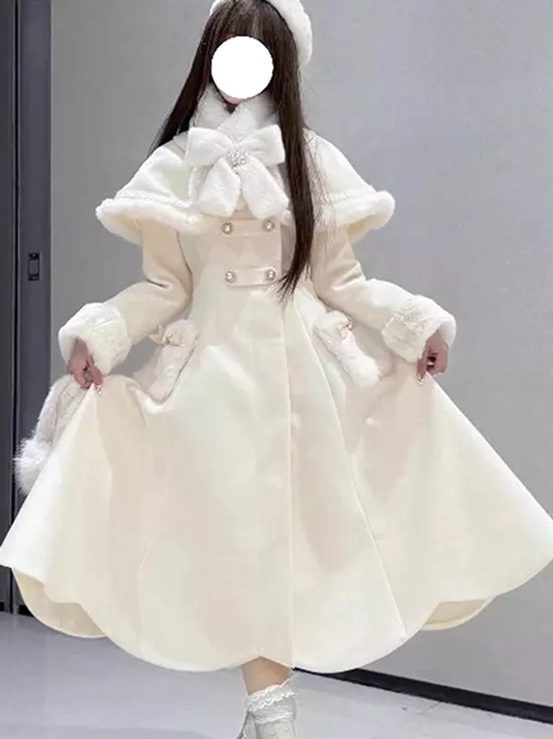 White lolita winter overcoat full-body front view with double-breasted buttons and luxe fur trims, model lifting skirt hem showcasing clean white color