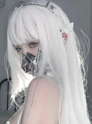 White long straight lolita wig side back view silver elf ear decoration cyberpunk alternative aesthetic draped hair details