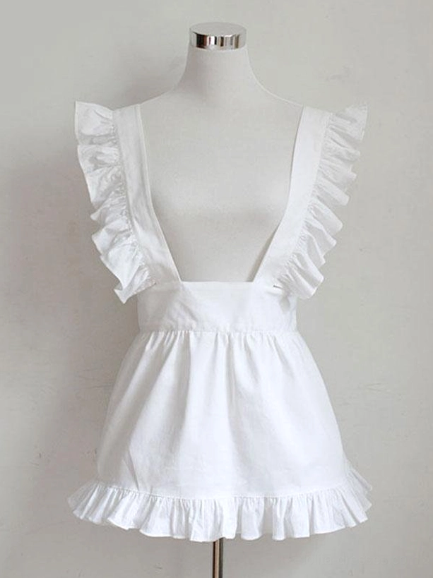 White maid lolita apron front view with ruffled straps and open back cutout displayed on mannequin