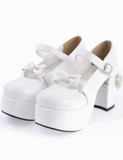 White glossy lolita Mary Jane platform heels with decorative vamp bow smooth leather and chunky platform heel side-front view pair