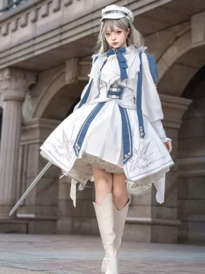 White military Ouji lolita full body outfit front view with embroidered pleated skirt and bow necktie details