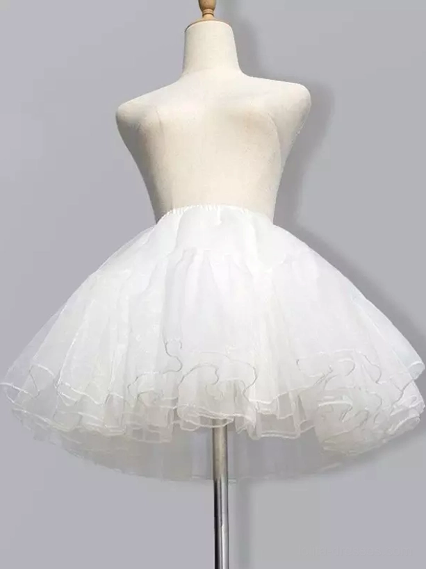 White mini petticoat back view showing rounded ruffled tulle hem and compact fluffy silhouette for lolita fashion