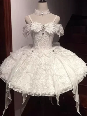 White off-shoulder sweet lolita princess dress with feather rhinestone trim and voluminous tulle skirt, full front view on staircase background, sleeveless hime gown with lace bodice and satin bow
