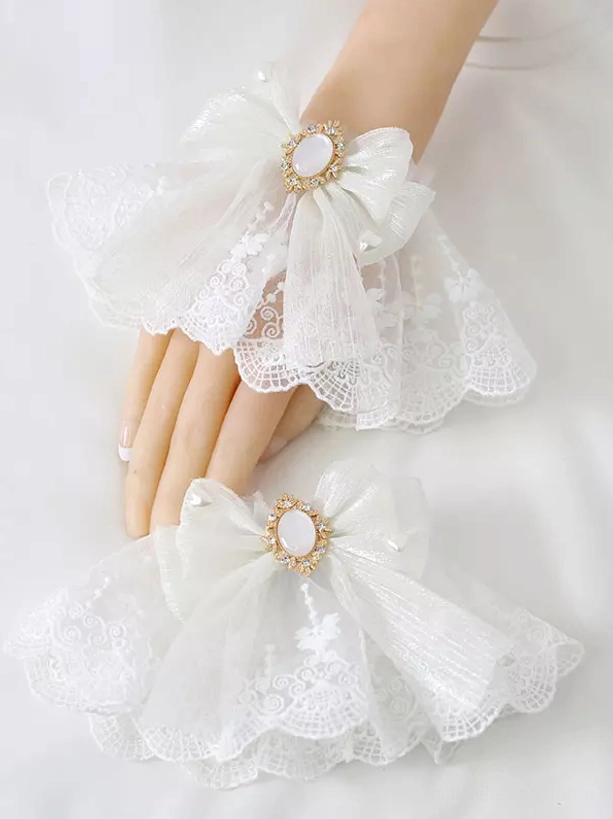 Pure white organza bow lolita wrist accessory with gold-rimmed gemstone decor and delicate embroidered lace base