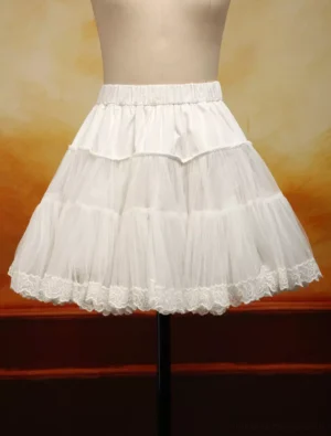 White organza Lolita petticoat with embroidered lace trim displayed on mannequin, front view showing layered tulle construction and elastic waistband, creating classic bell-shaped Lolita silhouette