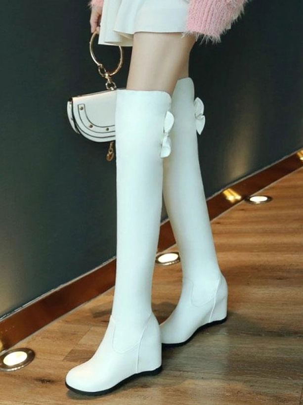 White over-the-knee sweet lolita boots rear view paired boots pure white leather with side bow decoration
