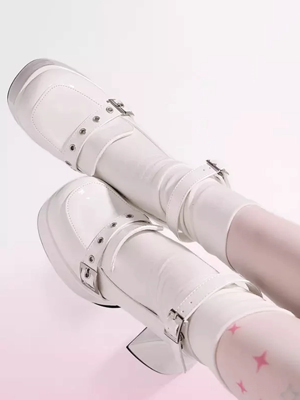 White glossy patent PU lolita high heel platform boots with ankle strap buckles and chunky block heel, side close-up view with white socks