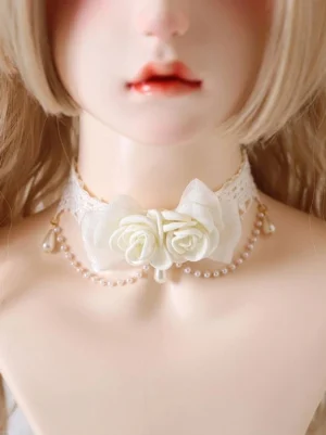 White sweet lolita rose pearl choker front close-up on light brown BJD doll model showing dual cream roses with pearl drop chain and delicate lace collar