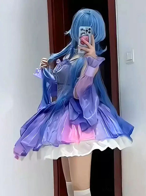 Lolita petticoat styled coordinate inspiration with gradient purple-blue-pink dress white ruffled underskirt visible at hem