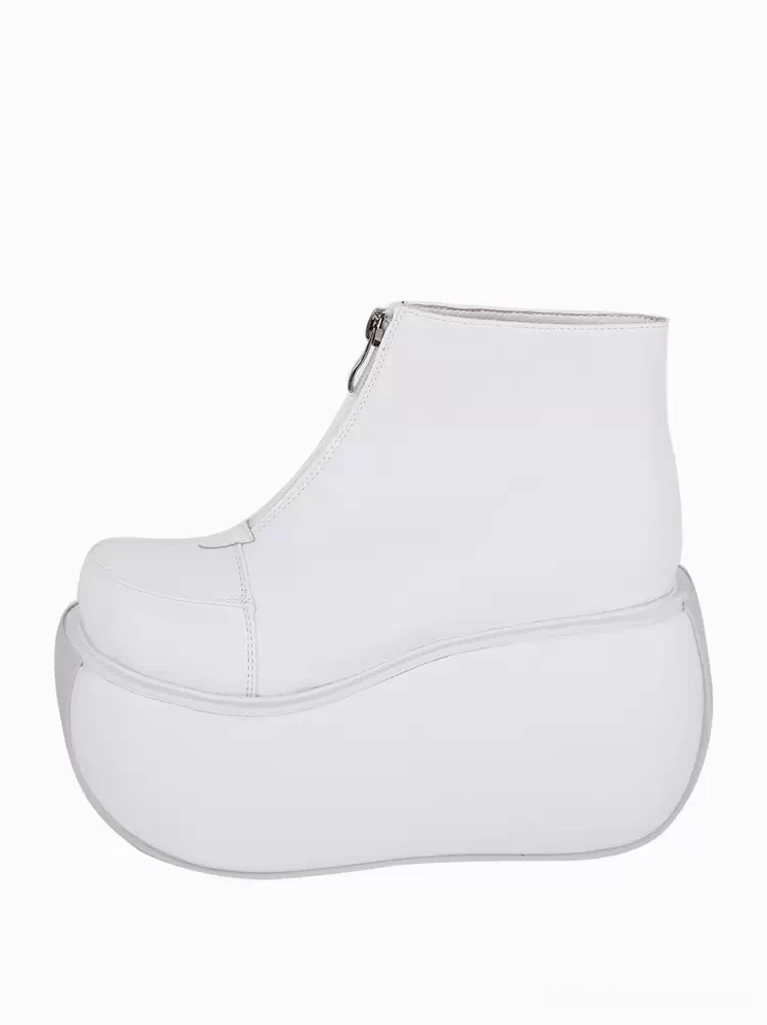 single white platform lolita ankle boot left lateral side view silver zipper matte white leather thick wedge sole gothic