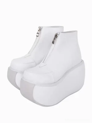 white platform lolita ankle boots with silver zippers front three quarter view pair shoes metallic pu leather wedge sole