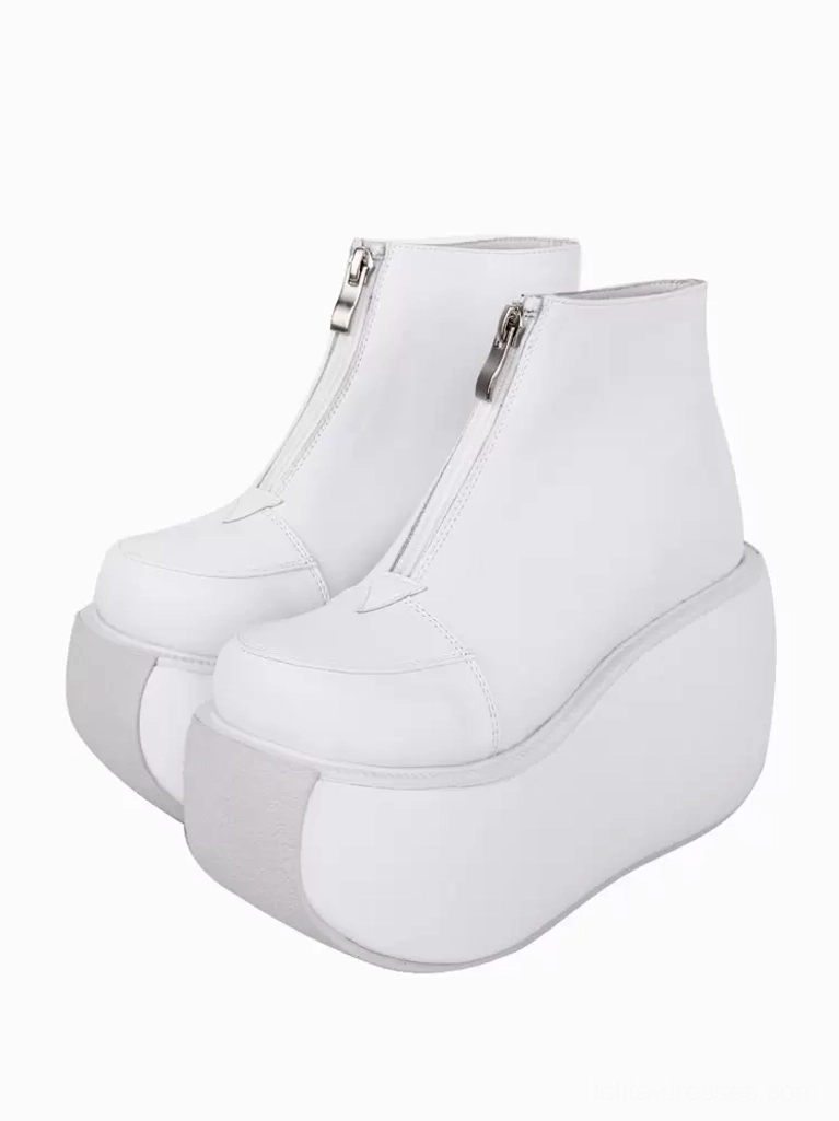 white platform lolita ankle boots with silver zippers front three quarter view pair shoes metallic pu leather wedge sole