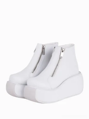 white platform lolita ankle boots front three-quarter view pair metal zippers wedge heel gothic fashion