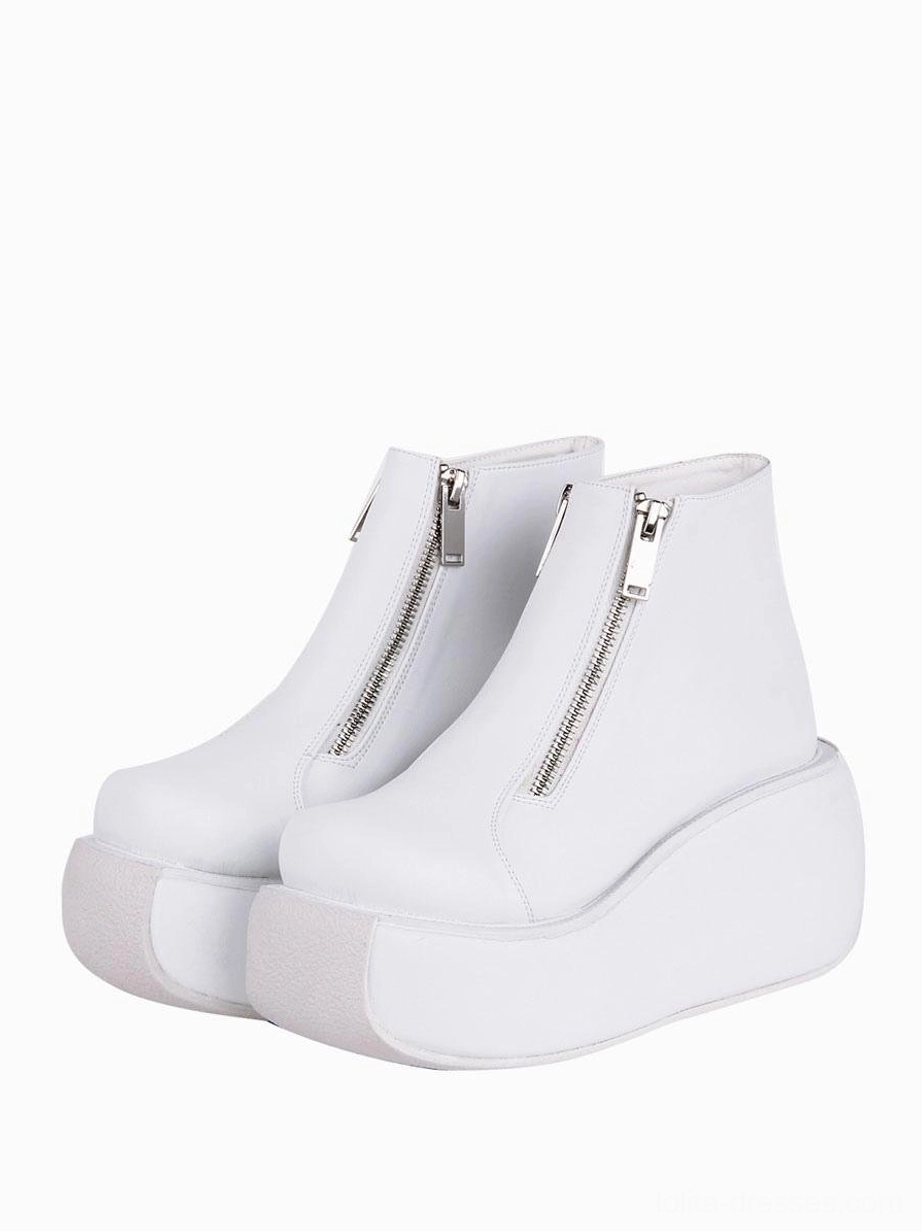 white platform lolita ankle boots front three-quarter view pair metal zippers wedge heel gothic fashion