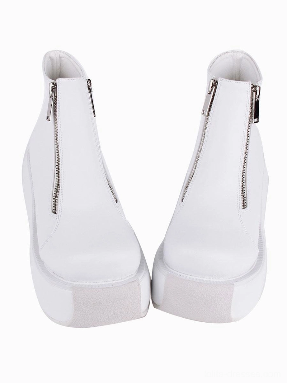 white platform lolita boots rear view pair metal zippers light toe cap wedge heel
