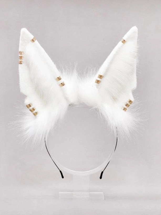 White plush animal ear headband solo product display on stand, showcase of pure white fluffy ears with gold metal studs for sweet lolita headdress coordinate styling