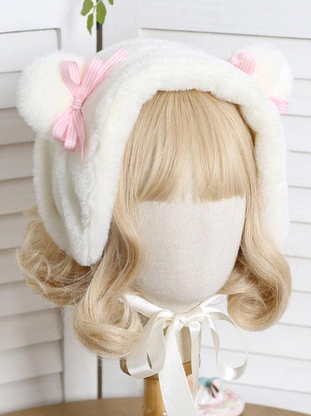 White off-white plush bear ear lolita headdress with pink ribbon bows displayed on mannequin wearing blonde wavy wig and white satin ribbon - cute kawaii lolita accessory