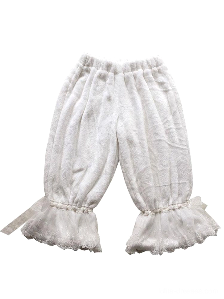 White plush lolita bloomer shorts flat lay front view elastic waist ruffled lace cuffs drawstring fuzzy fabric detail
