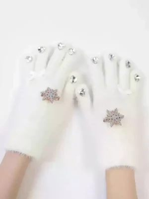 Pair of cream white fluffy Lolita gloves featuring intricate snowflake rhinestone design and delicate fingertip crystals, frontal view