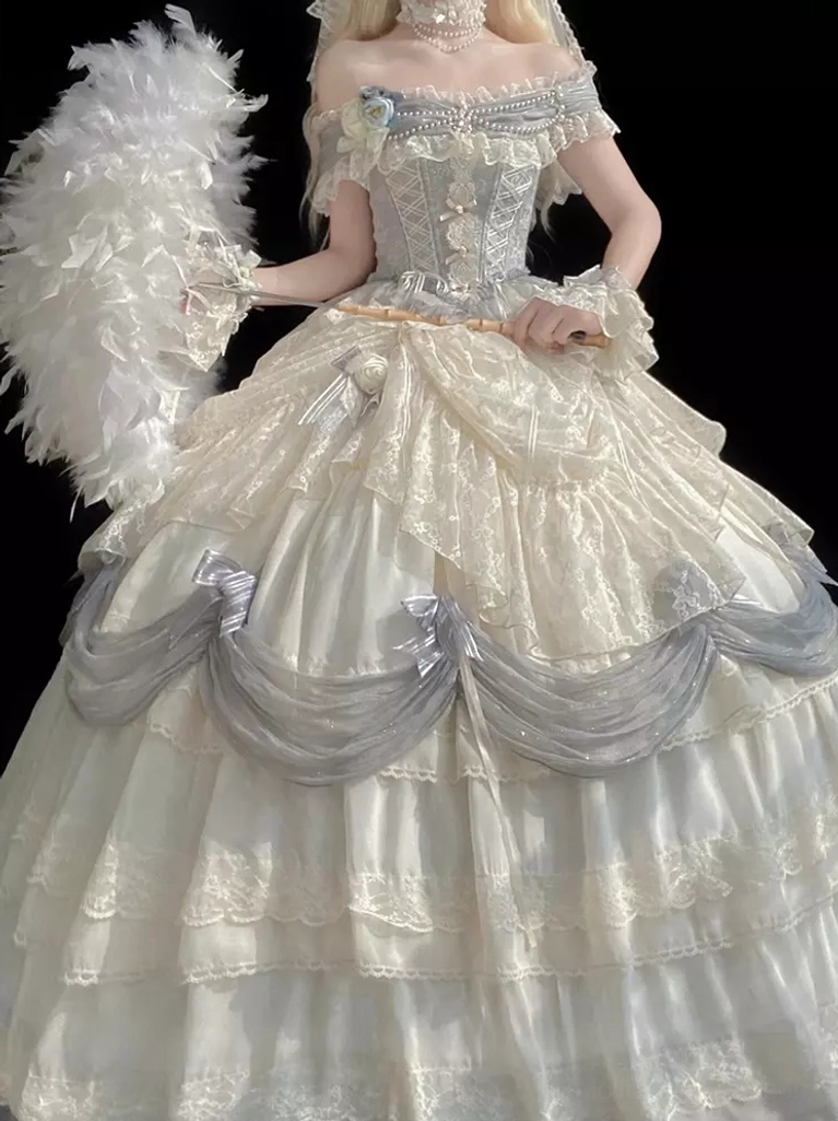 cream white off-shoulder lace ruffles corset waist layered skirt gray tulle swags classic lolita ball gown