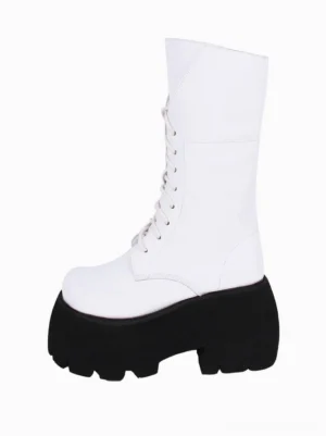 White PU leather lolita platform boot left side view showing smooth mid-calf shaft and black platform sole