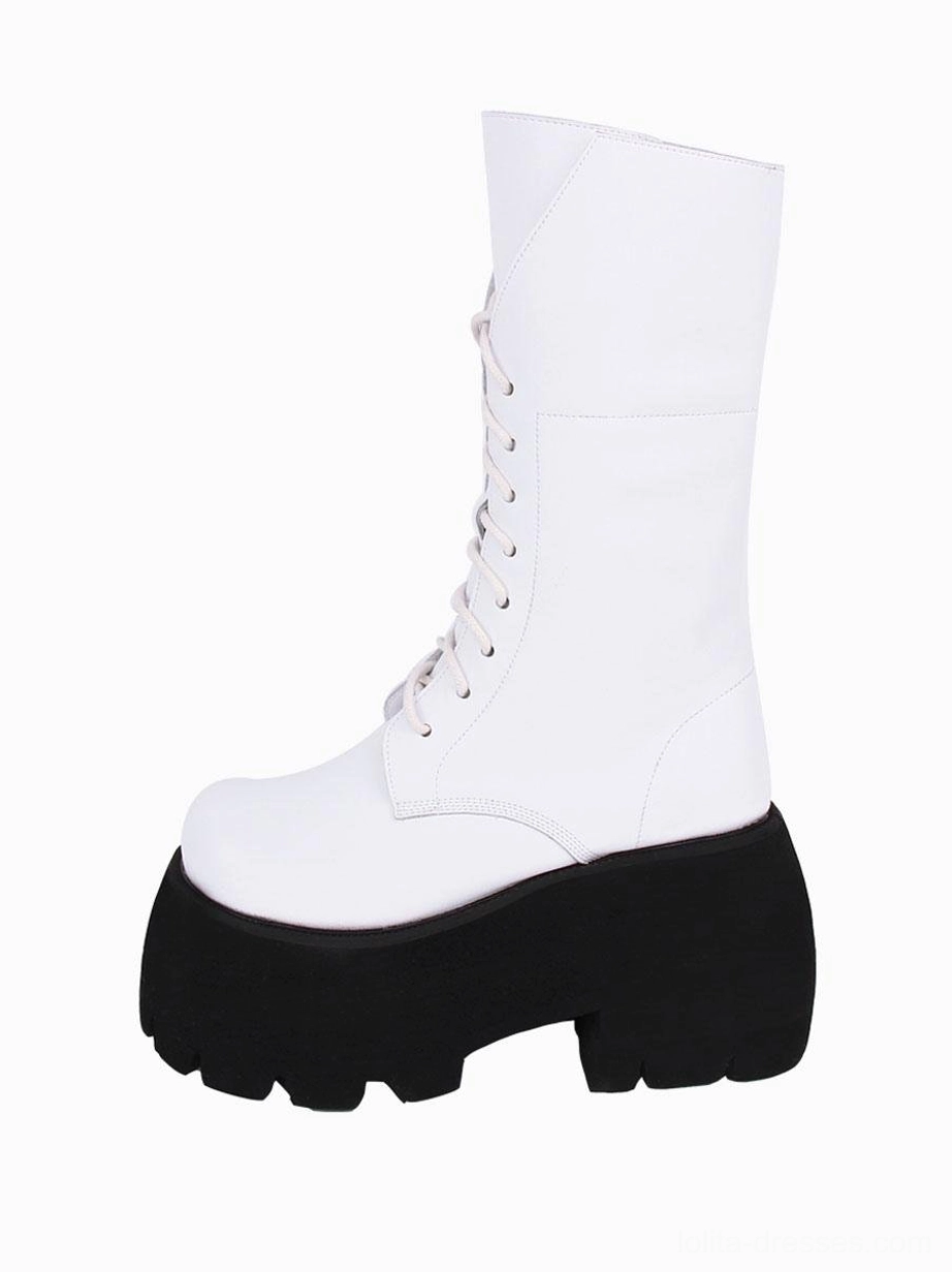 White PU leather lolita platform boot left side view showing smooth mid-calf shaft and black platform sole