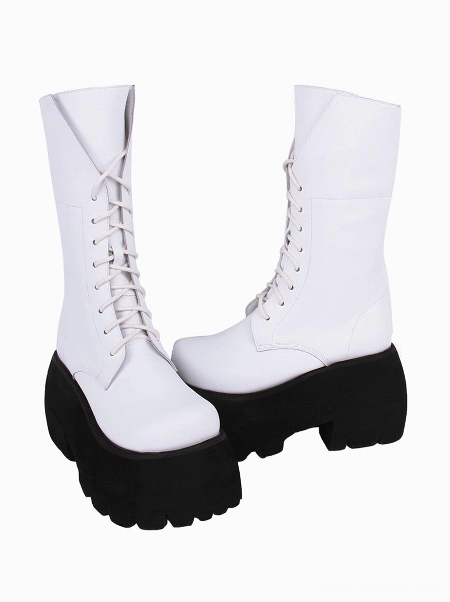 White PU platform combat boots oblique front view showing round toe and lace-up closure gothic lolita footwear