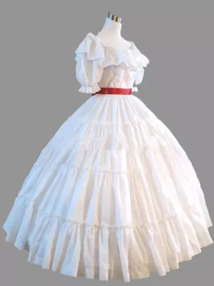 White classic lolita rococo marie antoinette gown front three-quarter view showing off-shoulder ruffle neckline short puff sleeves tiered pleated skirt and red waist sash
