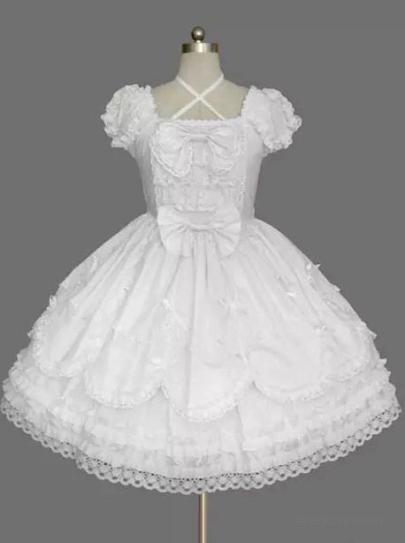 Pure white rococo lolita JSK dress with puff short sleeves cross halter neck front bow lace hem