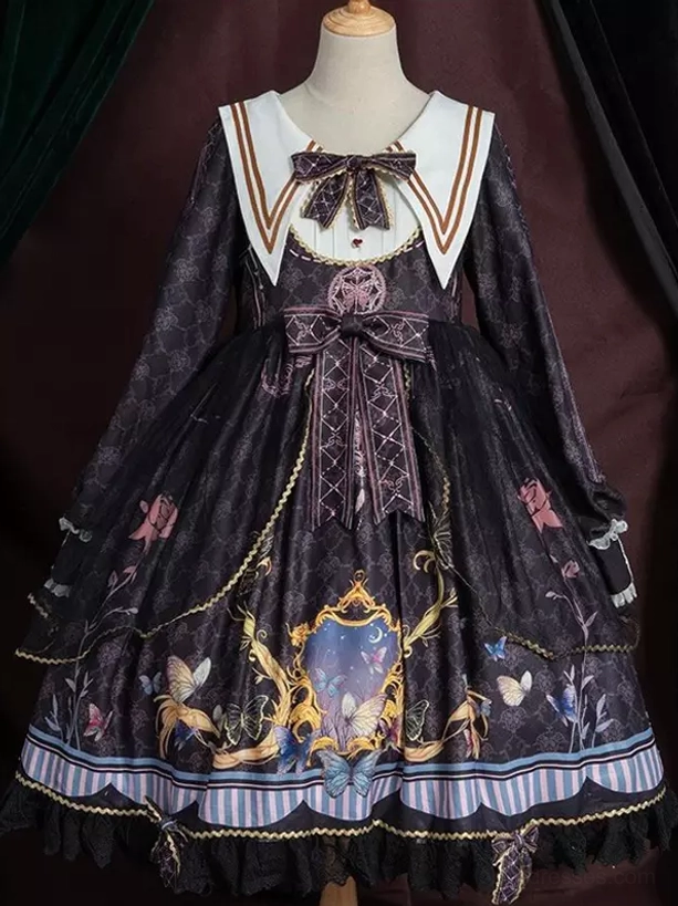 White sailor academic lolita dress close-up view of bow embellishment, lace details, and print pattern on high-quality polyester