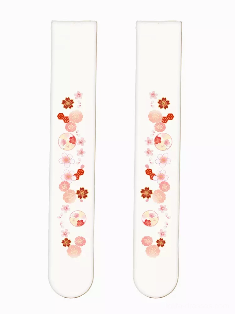 White sakura cherry blossom thigh-high sheer lolita socks sweet style floral print accessory product display