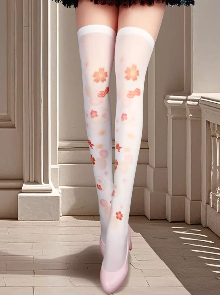 White sakura thigh-high sheer lolita socks with pink cherry blossom floral print worn with pink flats and lace skirt hem detail front view