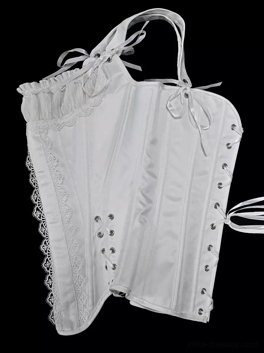 Satin lace-up corset bustier complete garment flat lay showing full construction, metal eyelet closures, structural boning, lace trim accents, and tie strap details