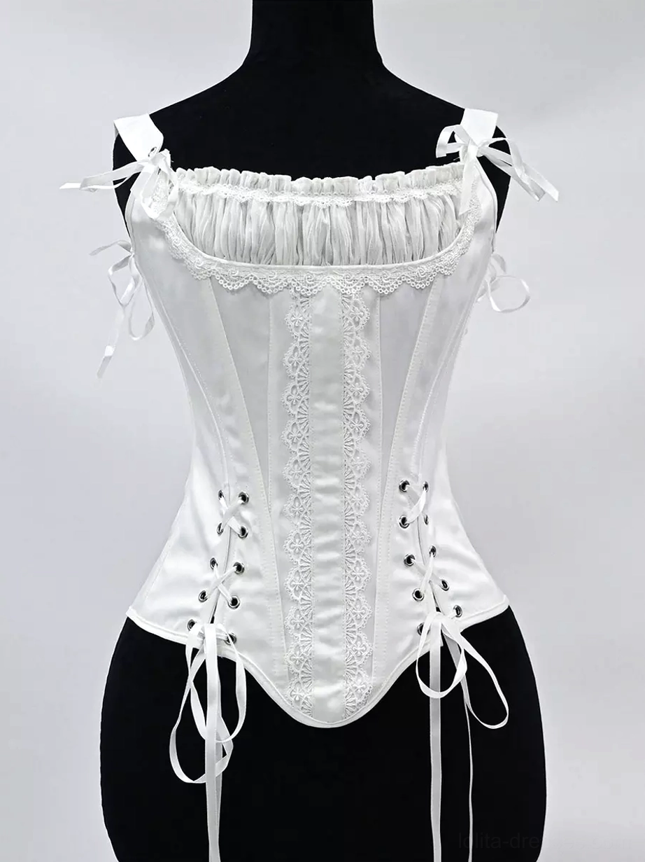 White satin lace-up corset bustier front view with ruched sweetheart neckline, lace trim detail, and adjustable tie spaghetti straps on dress form mannequin