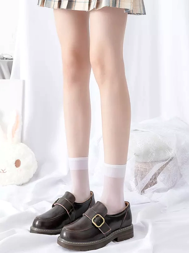 white sheer ankle socks sweet lolita aesthetic standing side-front view wide cuff elegant hosiery detail