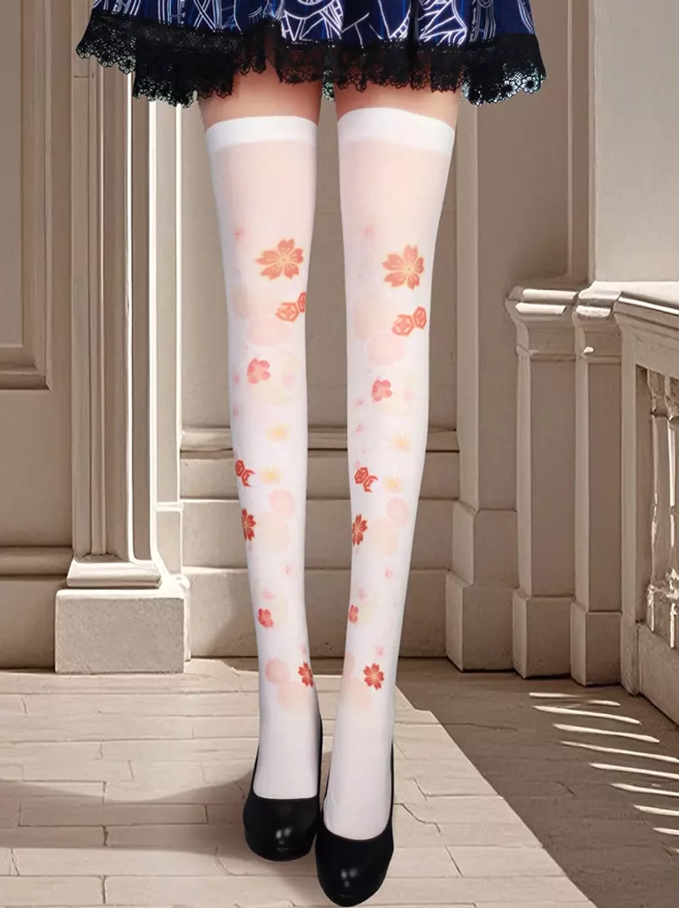 Sheer thigh-high sakura lolita socks on display stand showing clear cherry blossom and circular decorative prints on white background
