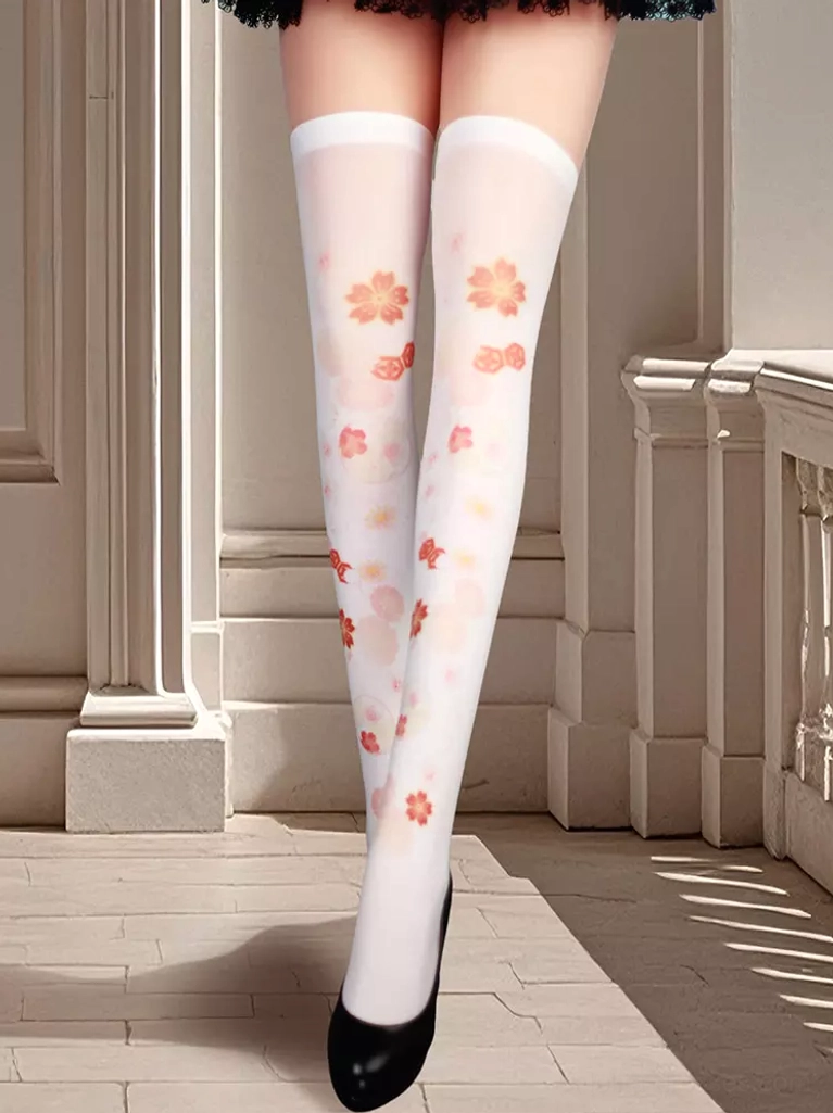 Sakura patterned sheer thigh-high lolita socks front side angle view showing uniform flower print layout on white fabric with black shoes