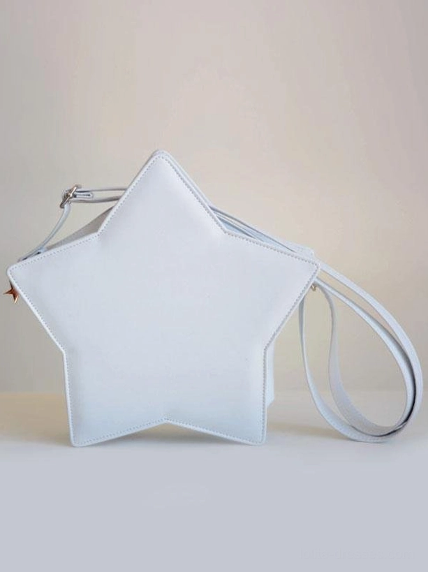 White star-shaped lolita crossbody bag front eye-level shot with matte leather finish light gray adjustable shoulder strap displayed on gradient neutral background