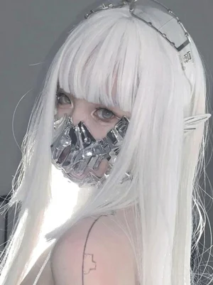 White steampunk cyberpunk lolita wig with blunt bangs front half-side view silver mechanical face mask metallic hairband geometric tattoo alternative fashion