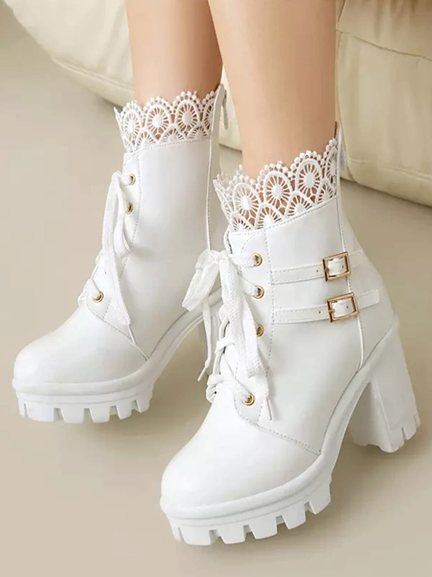 White Sweet Lolita high-heeled ankle boots front view worn on female legs with white lace socks and chunky platform sole