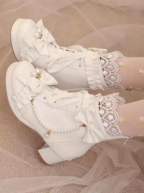 White sweet lolita ankle boots front overhead double feet floral-dotted sheer socks lace collar bow block heel