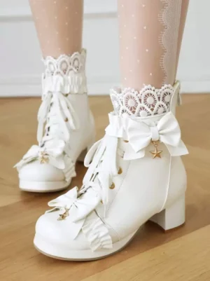White sweet lolita ankle boots with lace collar and star charm bow double shoe front three-quarter view