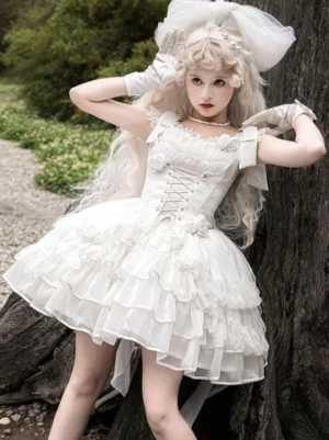 Three-quarter side angle of white sweet Lolita ballet dress showcasing bow shoulder straps and dimensional ruffle construction on model with posed hand gesture
