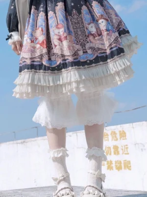 Sweet lolita bloomers with white ruffled lace front view lower body outdoor rooftop with frilly lace socks and bow shoes complete coordinate