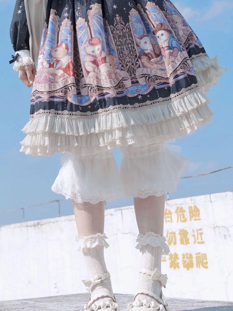 Sweet lolita bloomers with white ruffled lace front view lower body outdoor rooftop with frilly lace socks and bow shoes complete coordinate