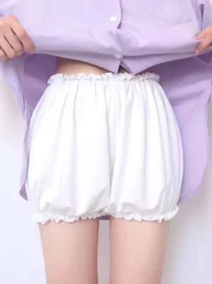Sweet Lolita bloomers white pumpkin shorts front full view with ruffled waist and leg trim worn with purple shirt